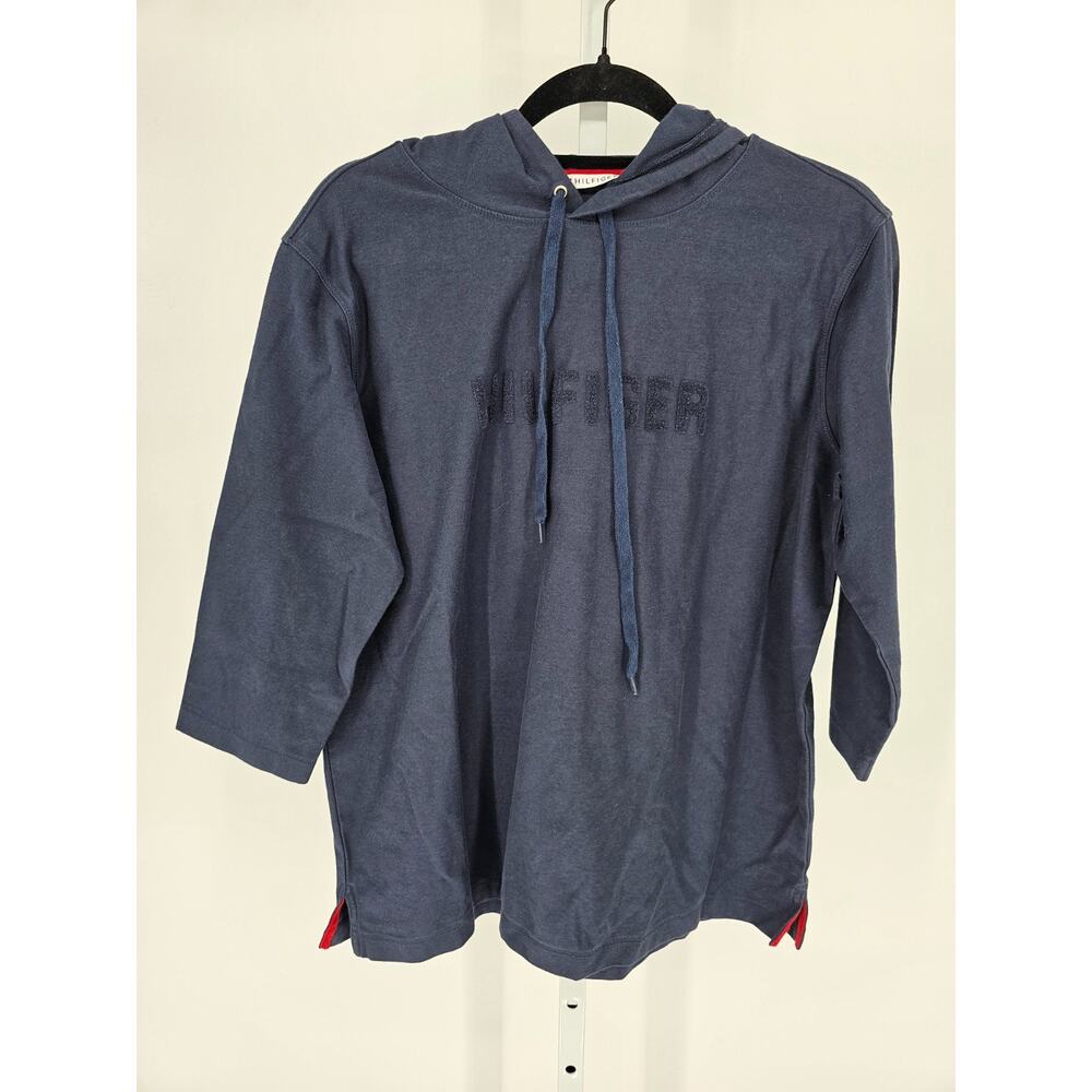 Tommy Hilfiger Womens Sz XL Pullover 3/4 Sleeve Hoodie Navy Blue Spell Out